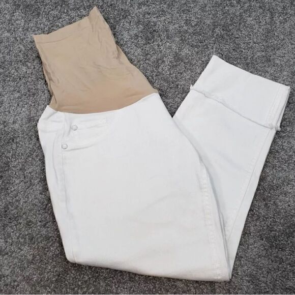 Maternity Indigo Blue Jeans XL White Cuffed Full Panel Stretch / A132 - Picture 1 of 5